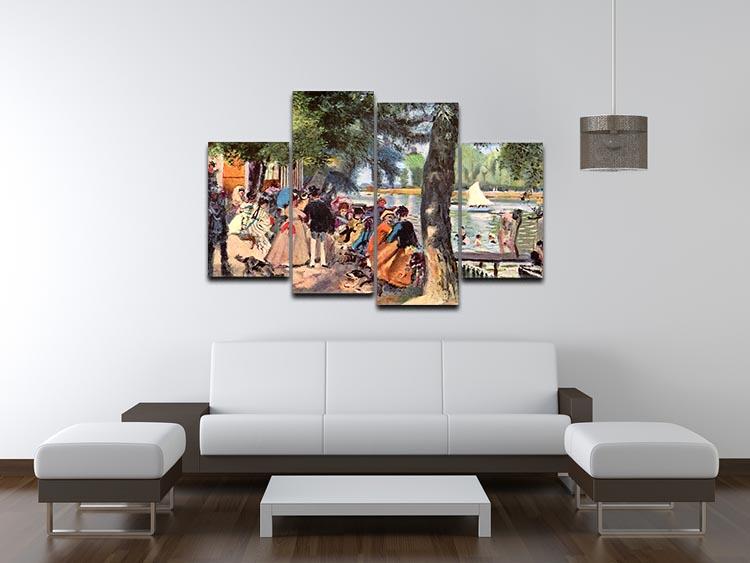 La Grenouillere by Renoir artwork displayed as a 4 split panel canvas, showcasing vibrant colors and dynamic brushstrokes.